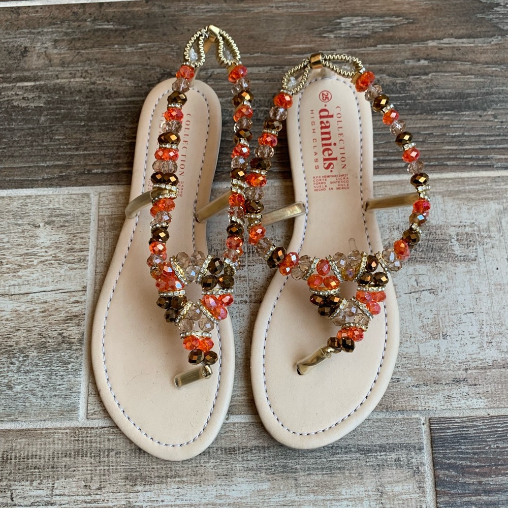 ✨SOLD Crystal Beaded Thong Sandals Orange & Brown - Picture 1 of 6